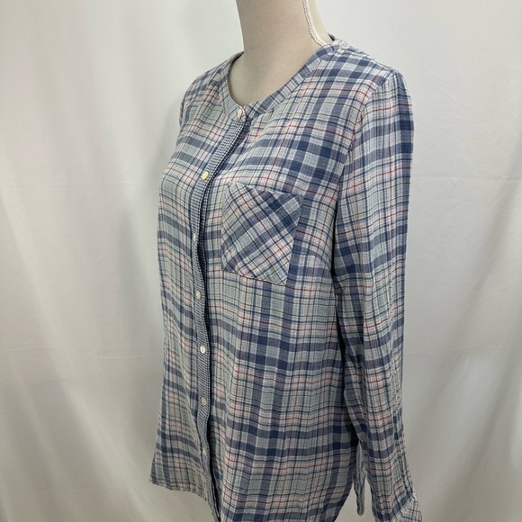 J.Jill Collarless Button Front Shirt MEDIUM 100% Cotton Blue Gingham Lined Soft - Picture 3 of 7